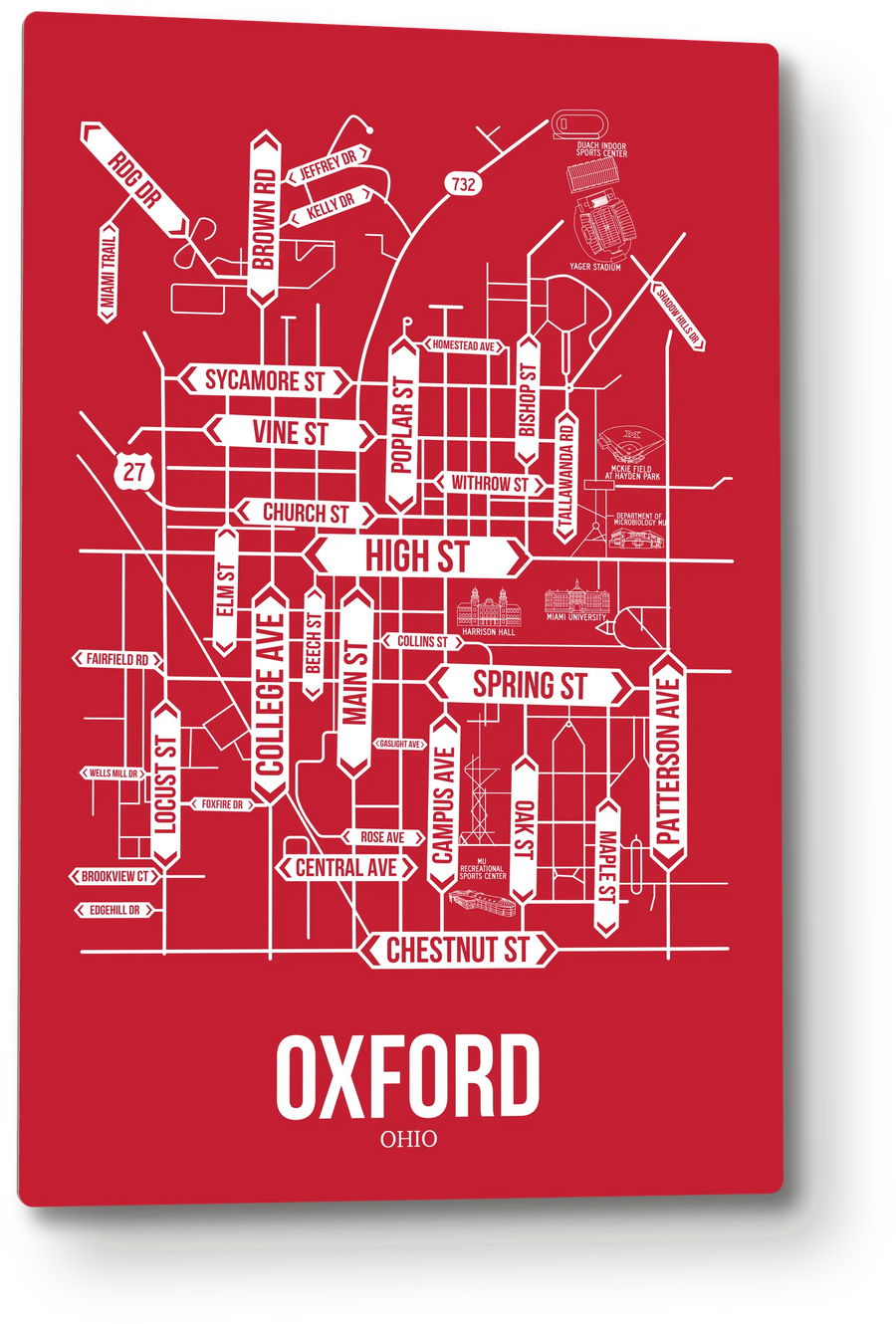 Oxford, Ohio street map: the 12x18 metal plate on the wall, school colors