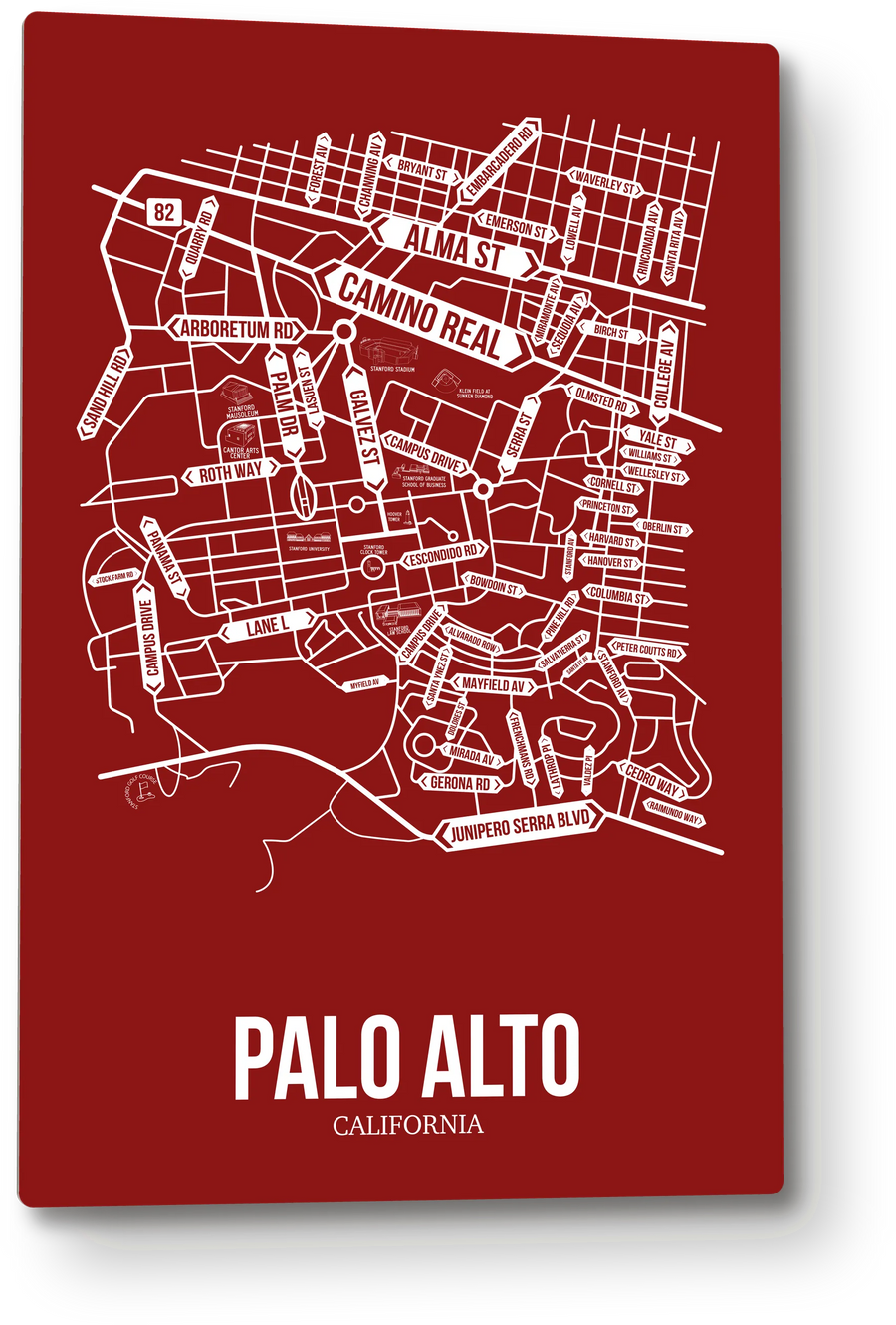 Palo Alto, California street map: the 12x18 metal plate on the wall, school colors