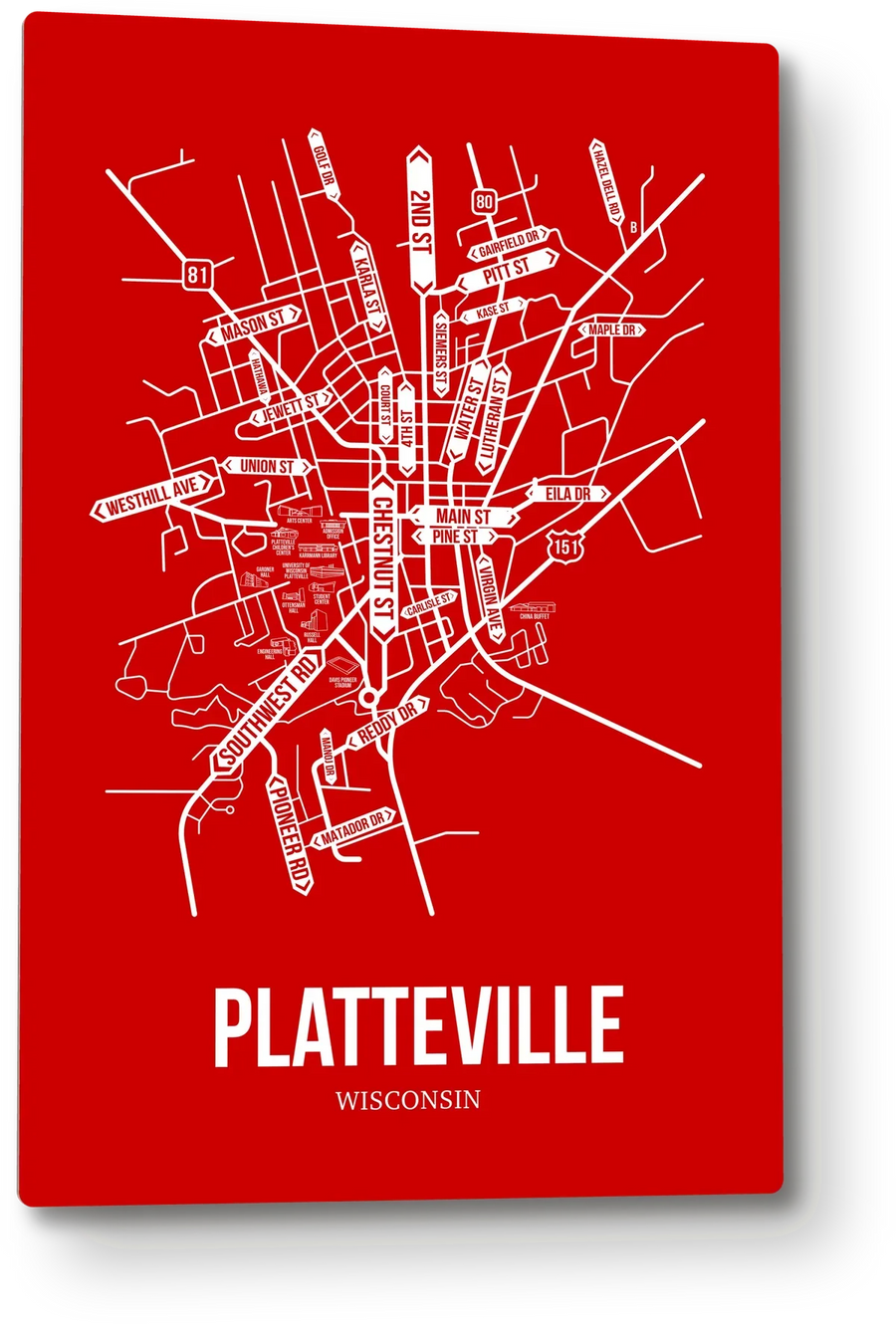 Platteville, Wisconsin street map: the 12x18 metal plate on the wall, school colors
