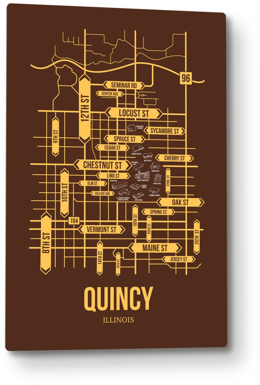 Quincy, Illinois street map: the 12x18 metal plate on the wall, school colors