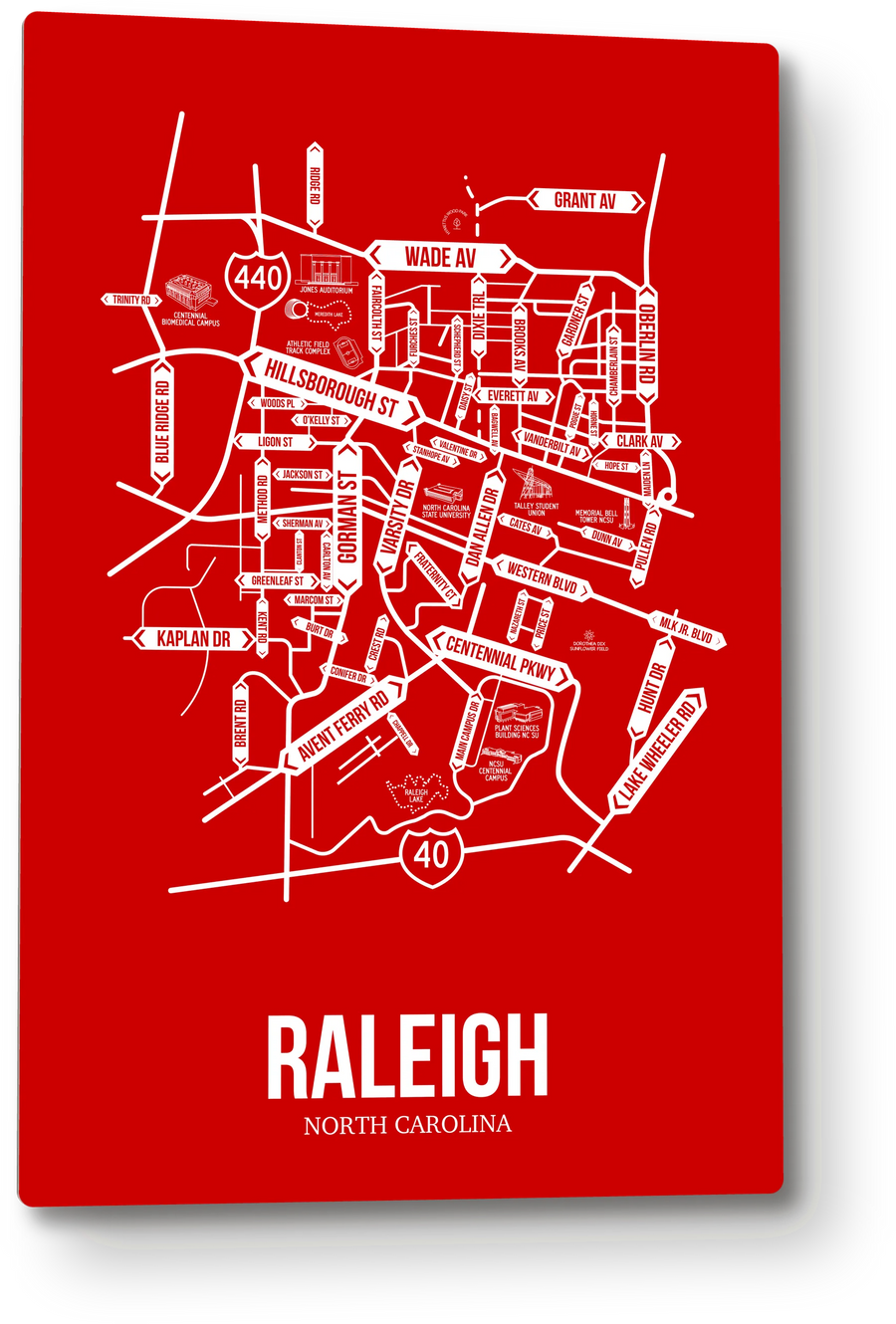 Raleigh, North Carolina street map: the 12x18 metal plate on the wall, school colors