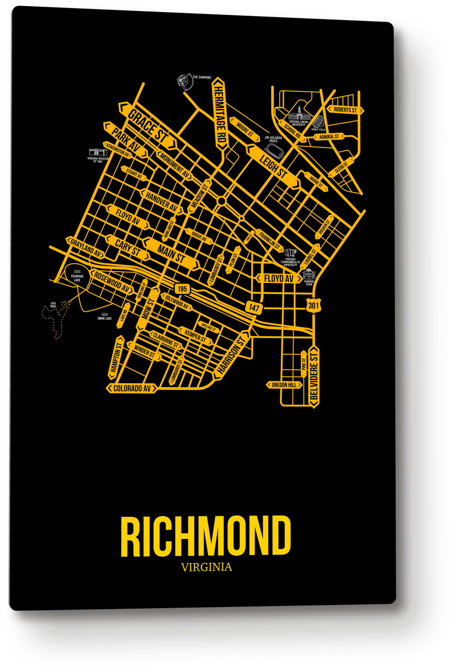 Richmond, Virginia street map: the 12x18 metal plate on the wall, school colors