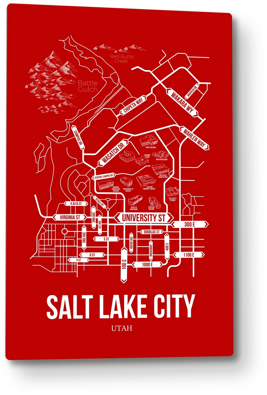 Salt Lake City, Utah street map: the 12x18 metal plate on the wall, school colors