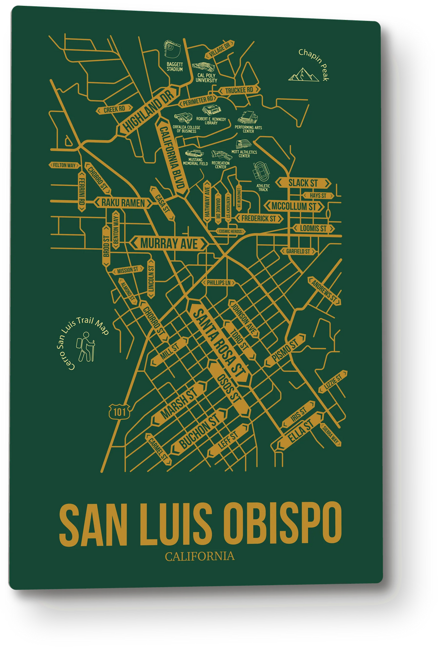 San Luis Obispo, California street map: the 12x18 metal plate on the wall, school colors