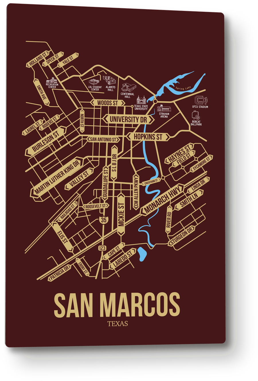 San Marcos, Texas street map: the 12x18 metal plate on the wall, school colors