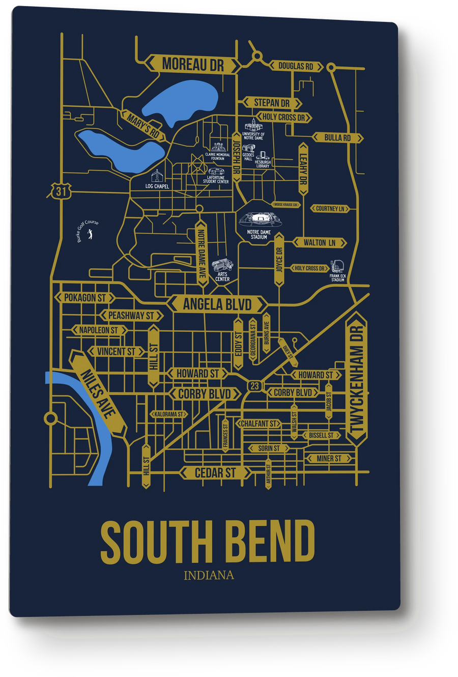 South Bend, Indiana street map: the 12x18 metal plate on the wall, school colors