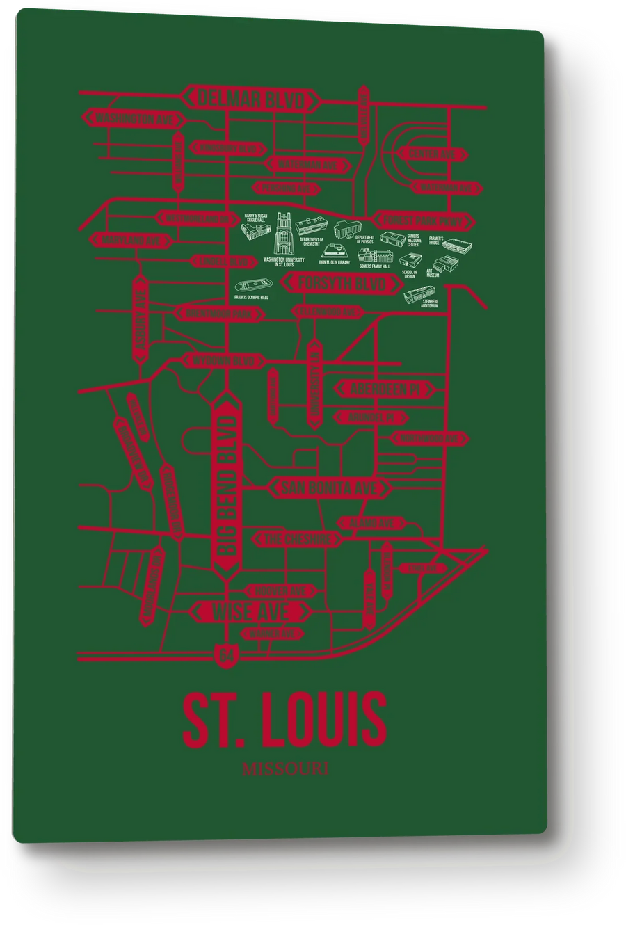 St. Louis, Missouri street map: the 12x18 metal plate on the wall, school colors