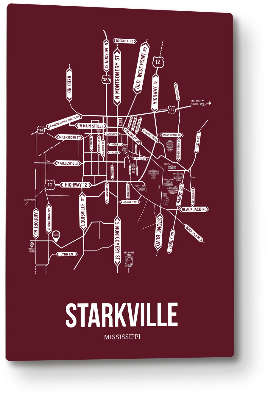 Starkville, Mississippi street map: the 12x18 metal plate on the wall, school colors