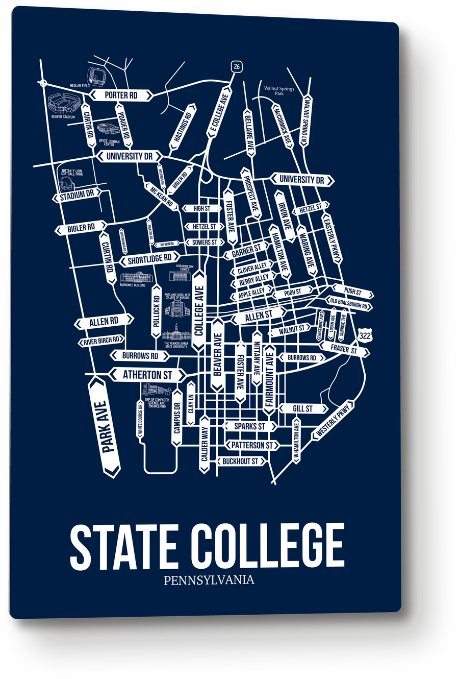 State College, Pennsylvania street map: the 12x18 metal plate on the wall, school colors