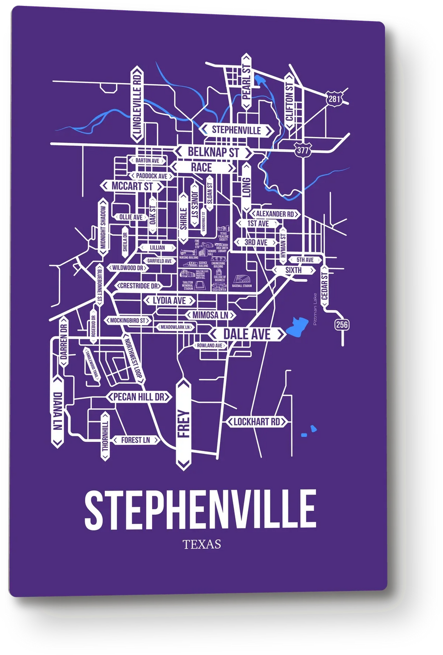 Stephenville, Texas street map: the 12x18 metal plate on the wall, school colors