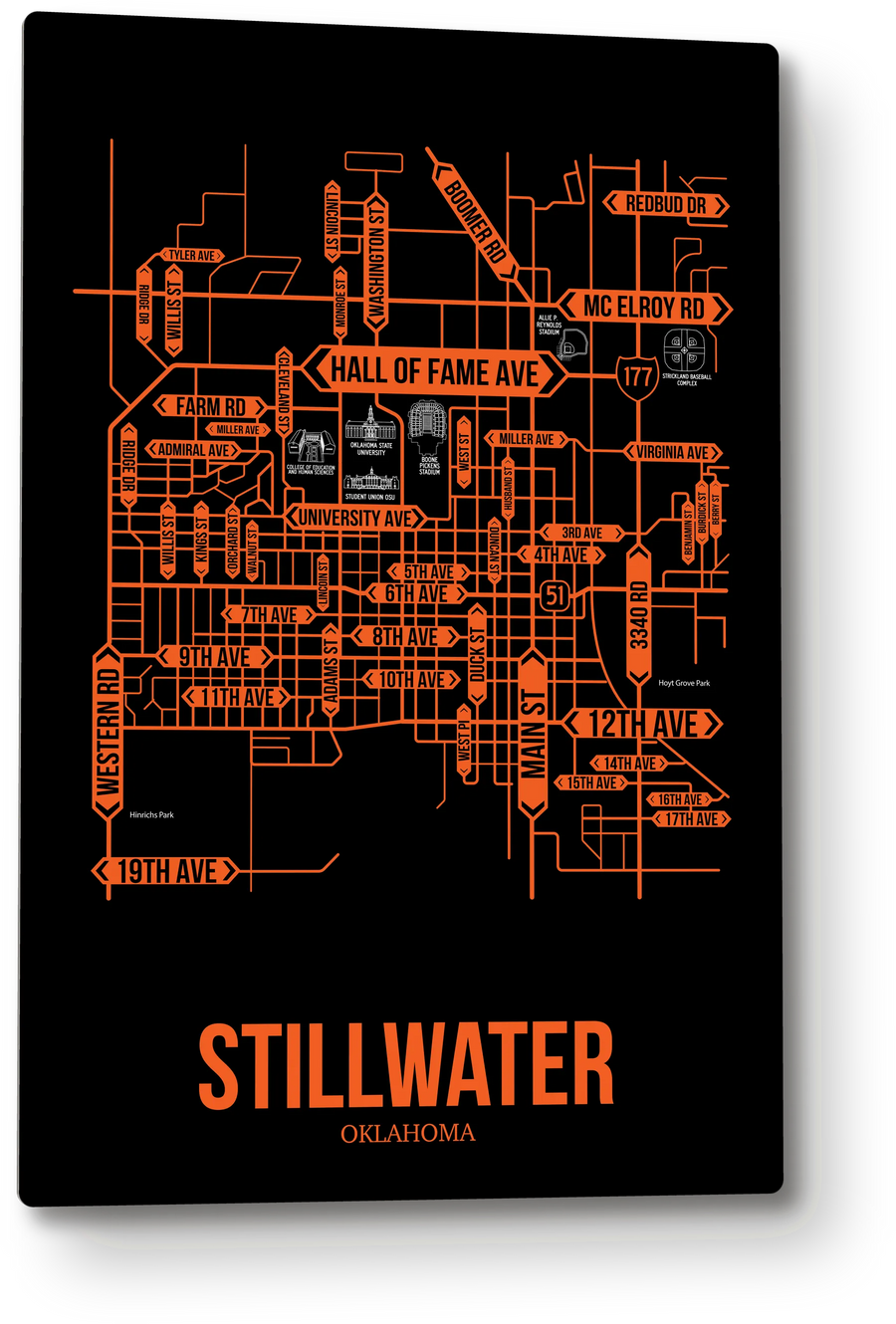 Stillwater, Oklahoma street map: the 12x18 metal plate on the wall, school colors