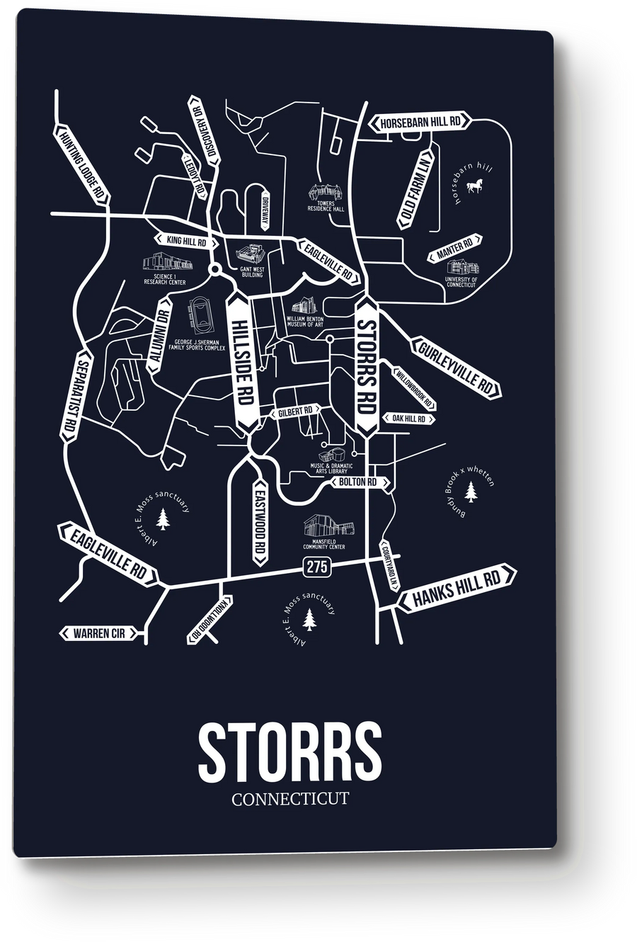 Storrs, Connecticut street map: the 12x18 metal plate on the wall, school colors