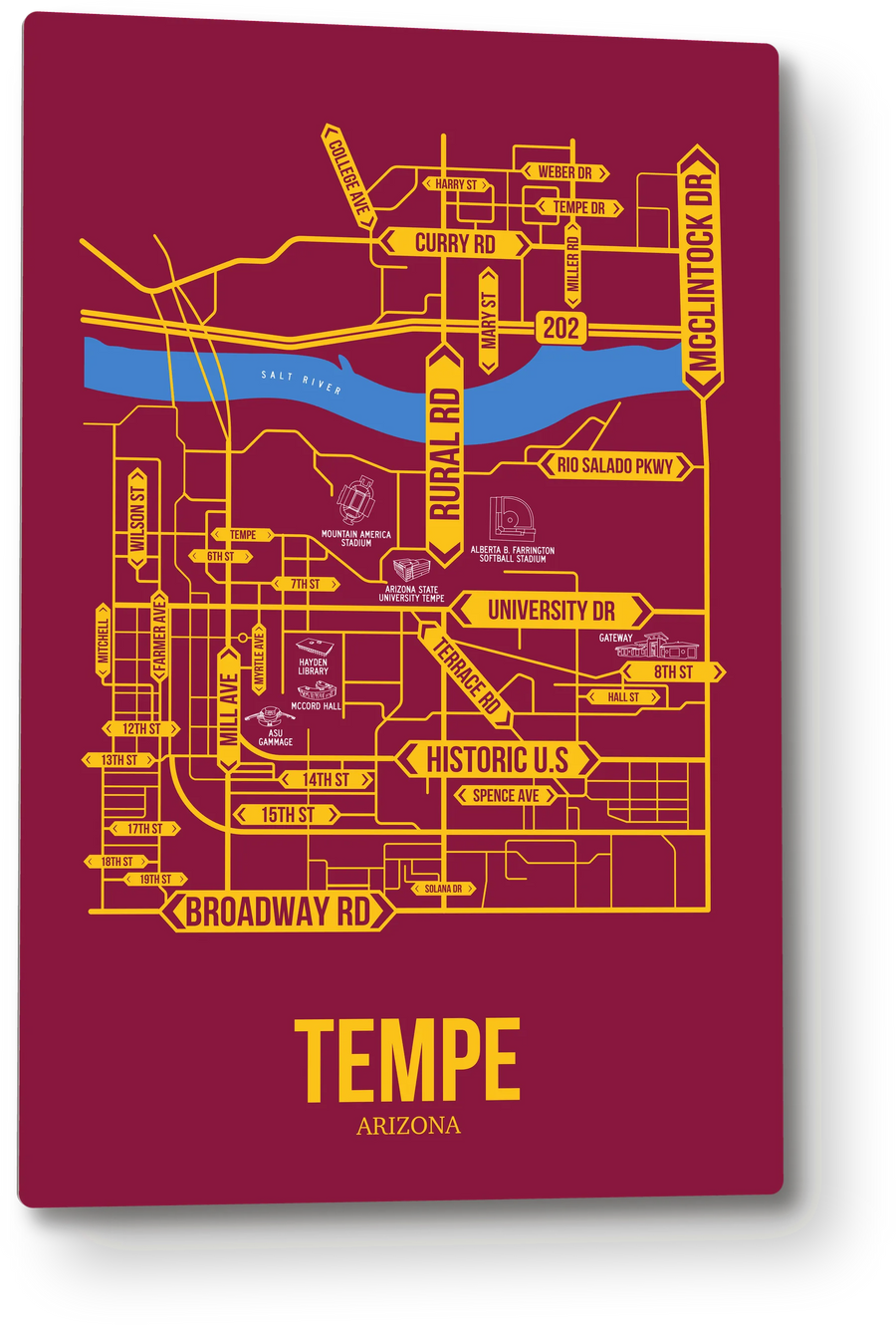 Tempe, Arizona street map: the 12x18 metal plate on the wall, school colors