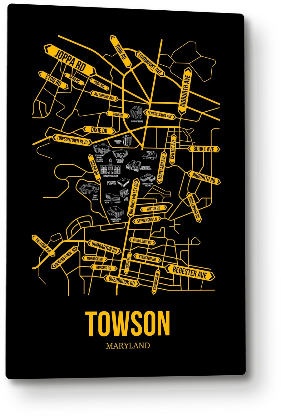 Towson, Maryland street map: the 12x18 metal plate on the wall, school colors