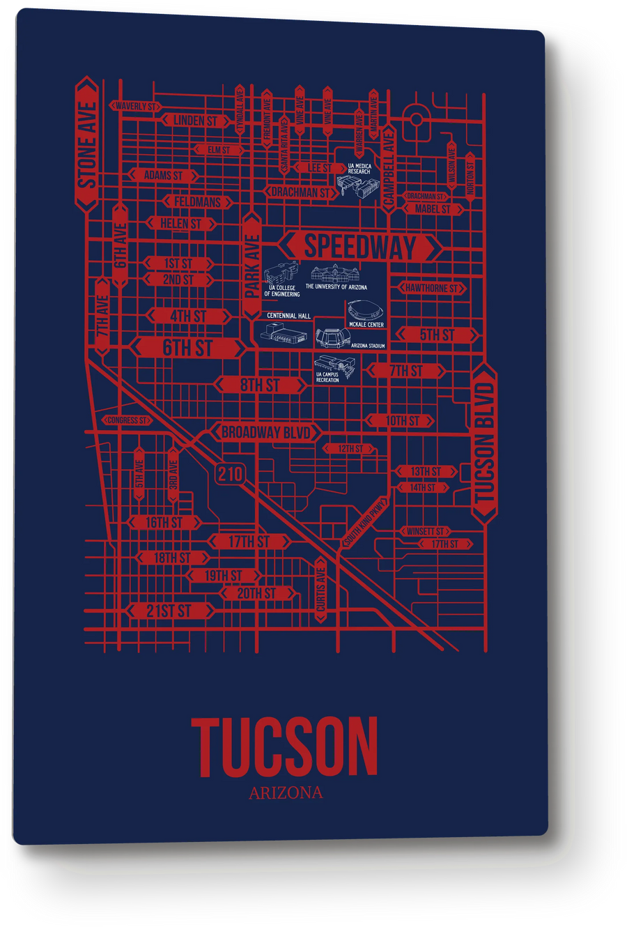Tucson, Arizona street map: the 12x18 metal plate on the wall, school colors