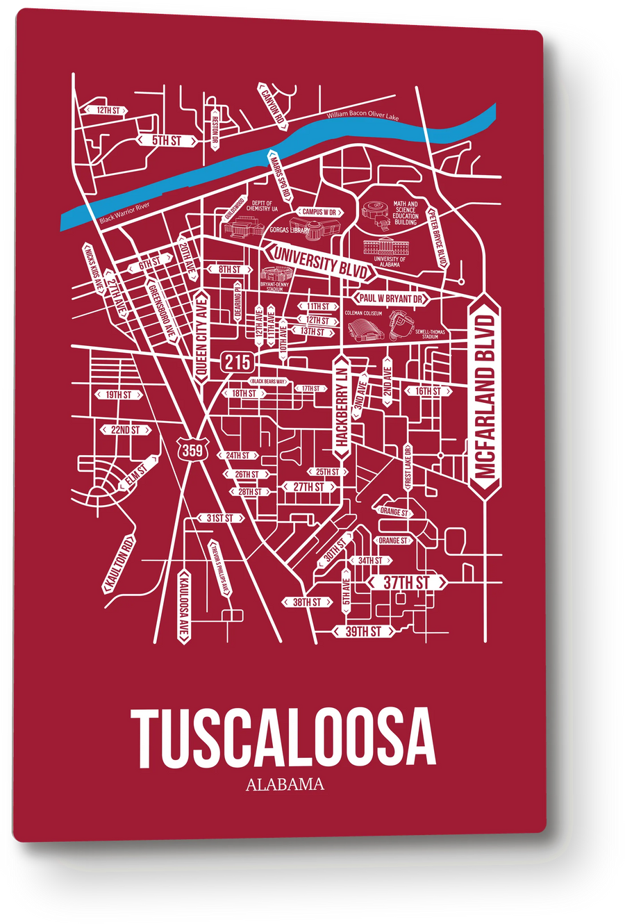 Tuscaloosa, Alabama street map: the 12x18 metal plate on the wall, school colors