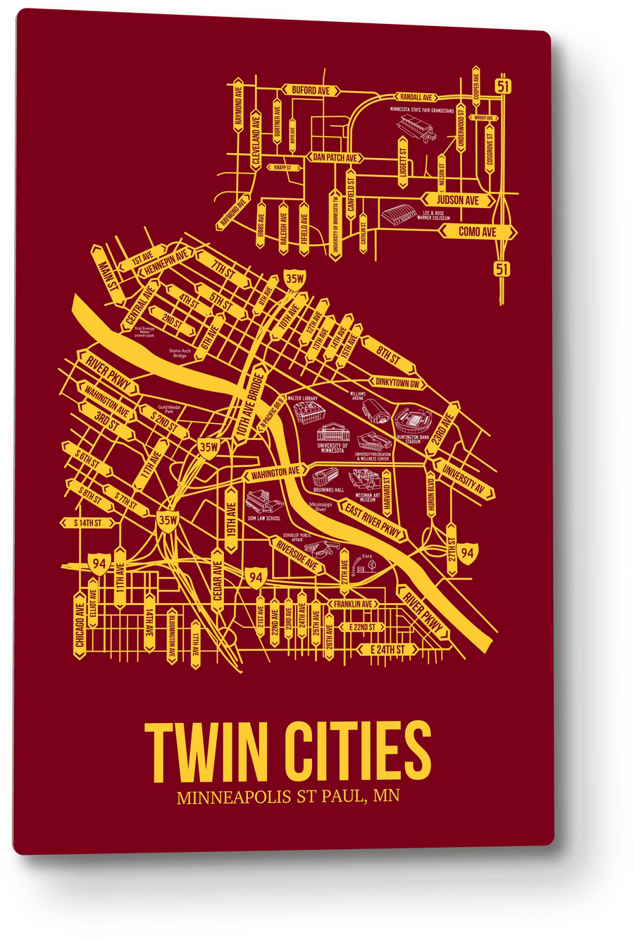 Twin Cities, Minneapolis St Paul, MN street map: the 12x18 metal plate on the wall, school colors