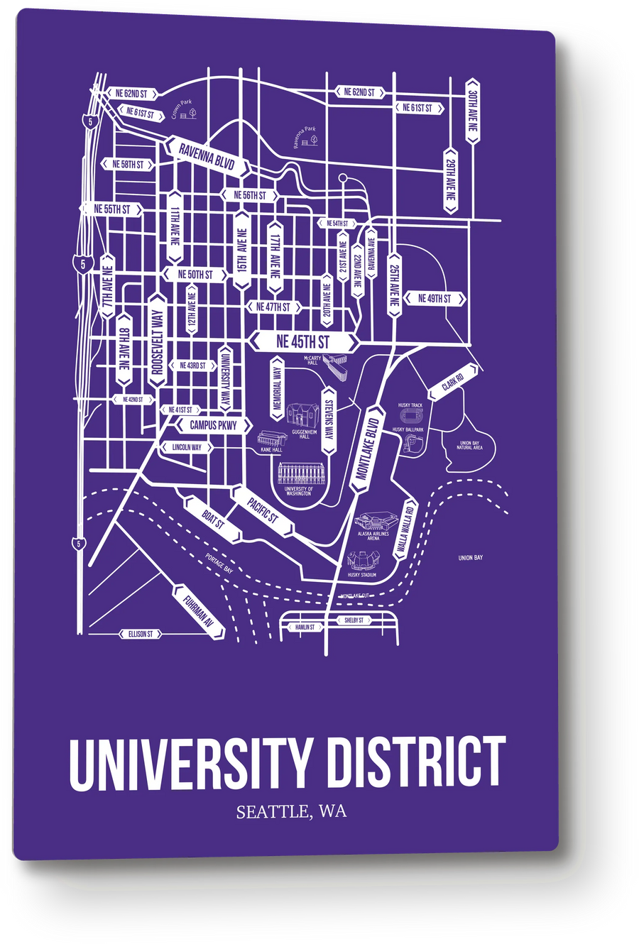 U District, Seattle, WA street map: the 12x18 metal plate on the wall, school colors