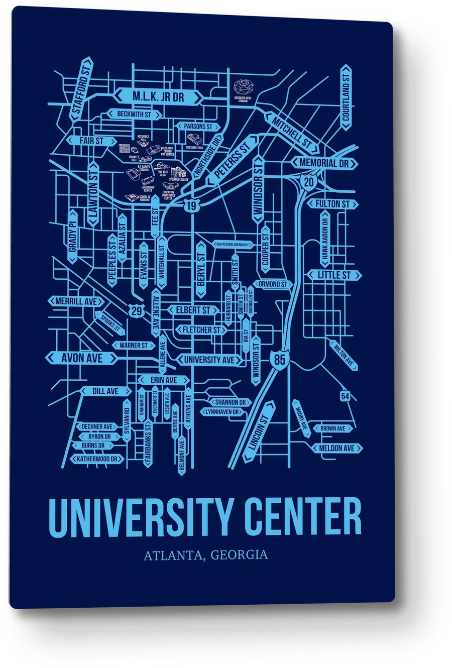 University Center, Atlanta, GA street map: the 12x18 metal plate on the wall, school colors