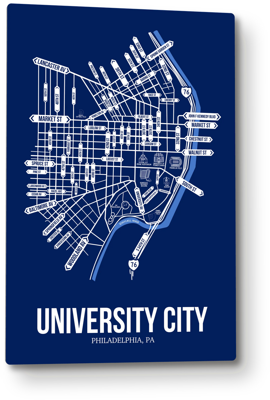 University City, Philadelphia, PA street map: the 12x18 metal plate on the wall, school colors