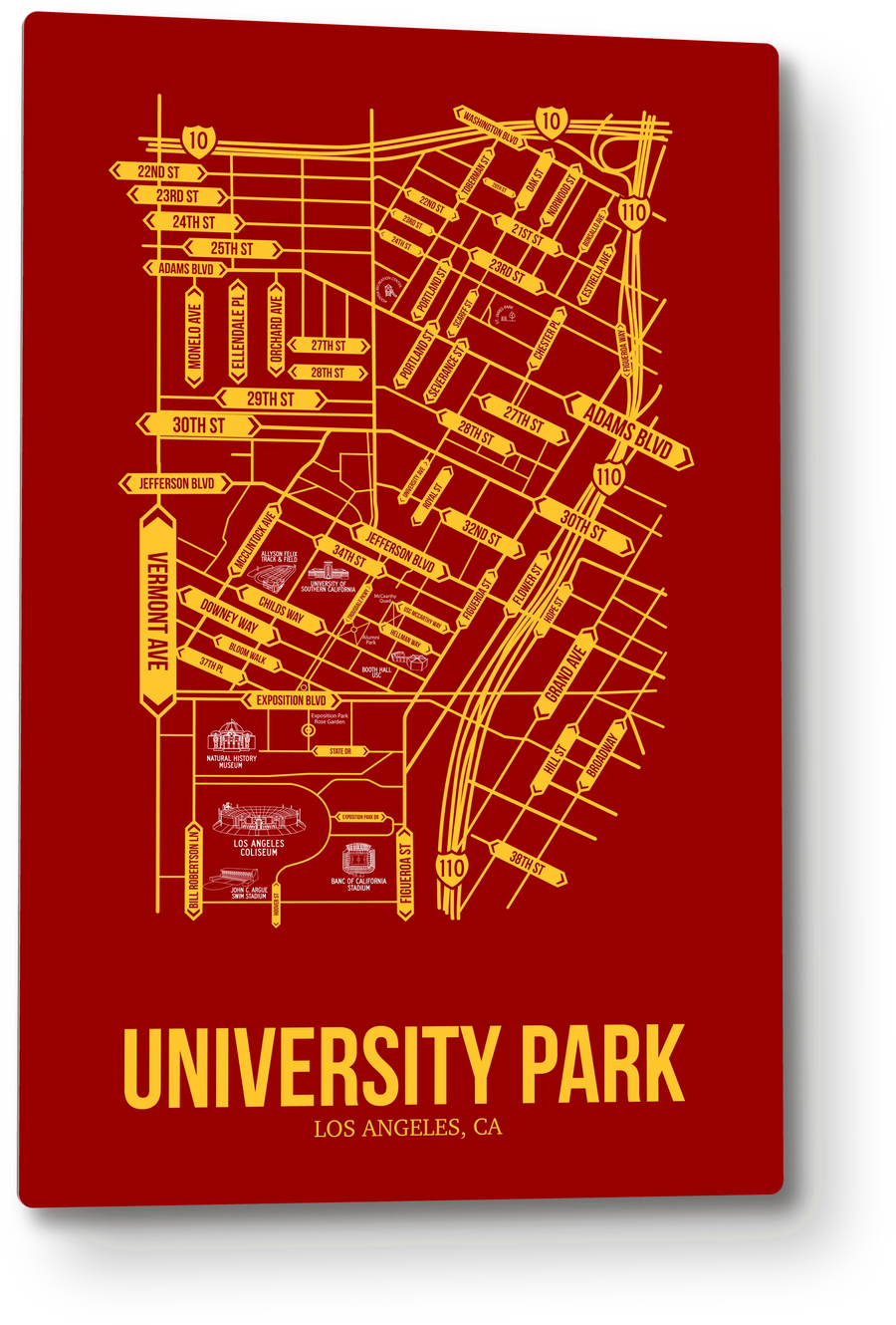 University Park, Los Angeles, CA street map: the 12x18 metal plate on the wall, school colors
