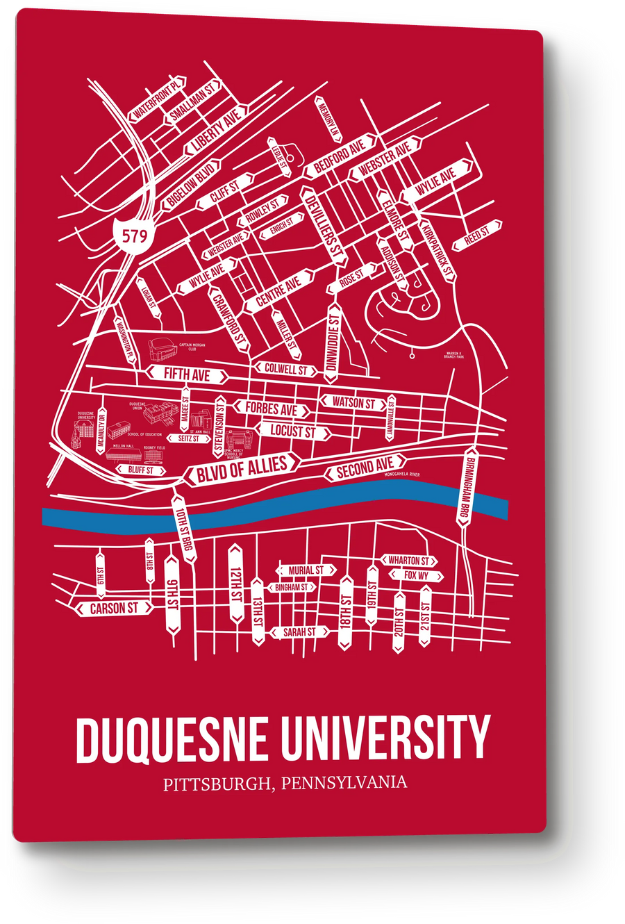 Uptown, Pittsburgh, PA street map: the 12x18 metal plate on the wall, school colors