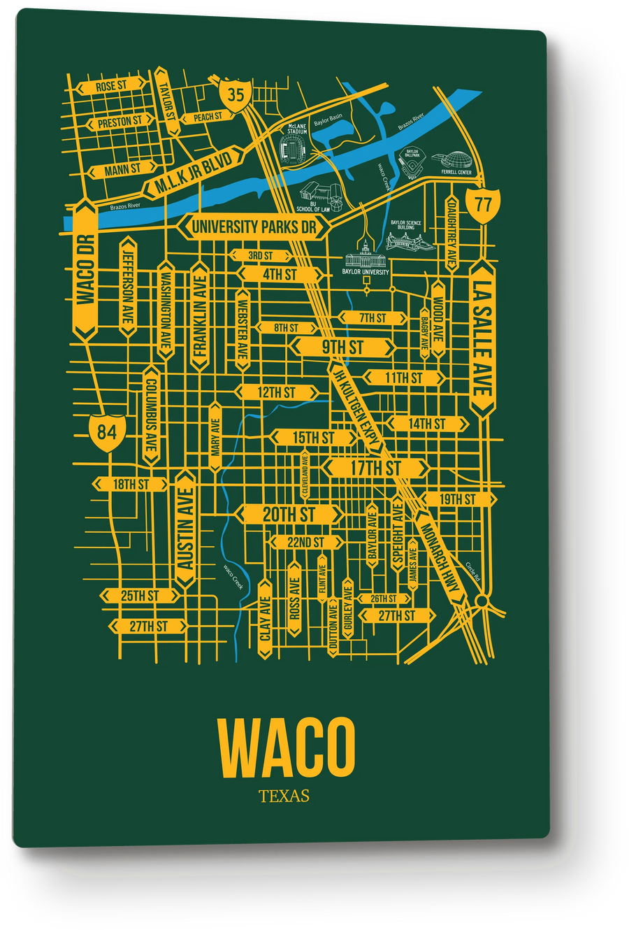 Waco, Texas street map: the 12x18 metal plate on the wall, school colors