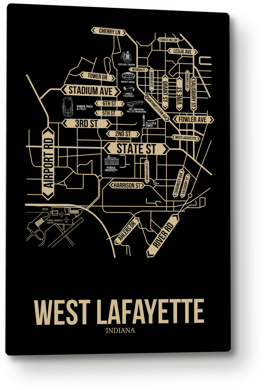 West Lafayette, Indiana street map: the 12x18 metal plate on the wall, school colors