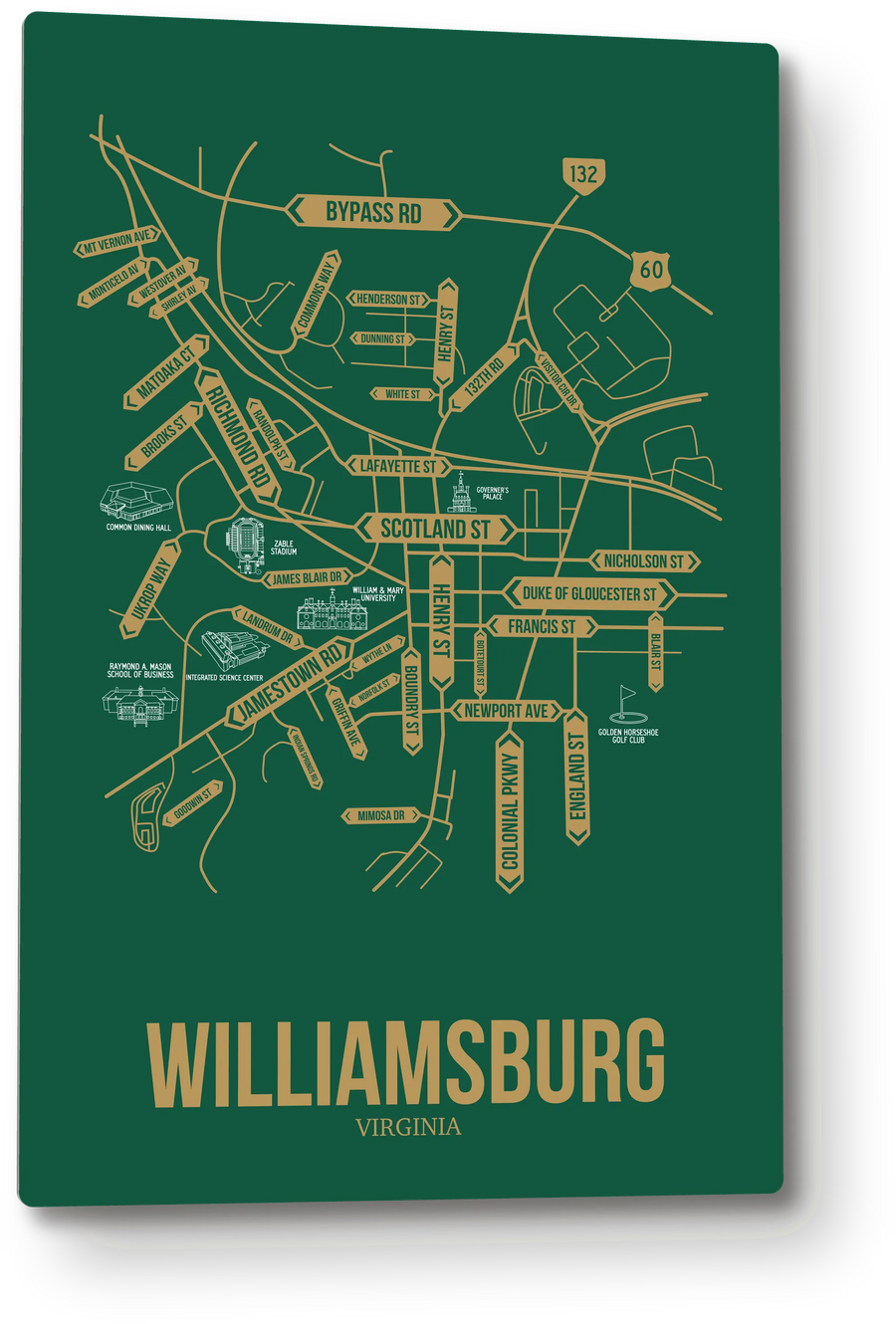 Williamsburg, Virginia street map: the 12x18 metal plate on the wall, school colors