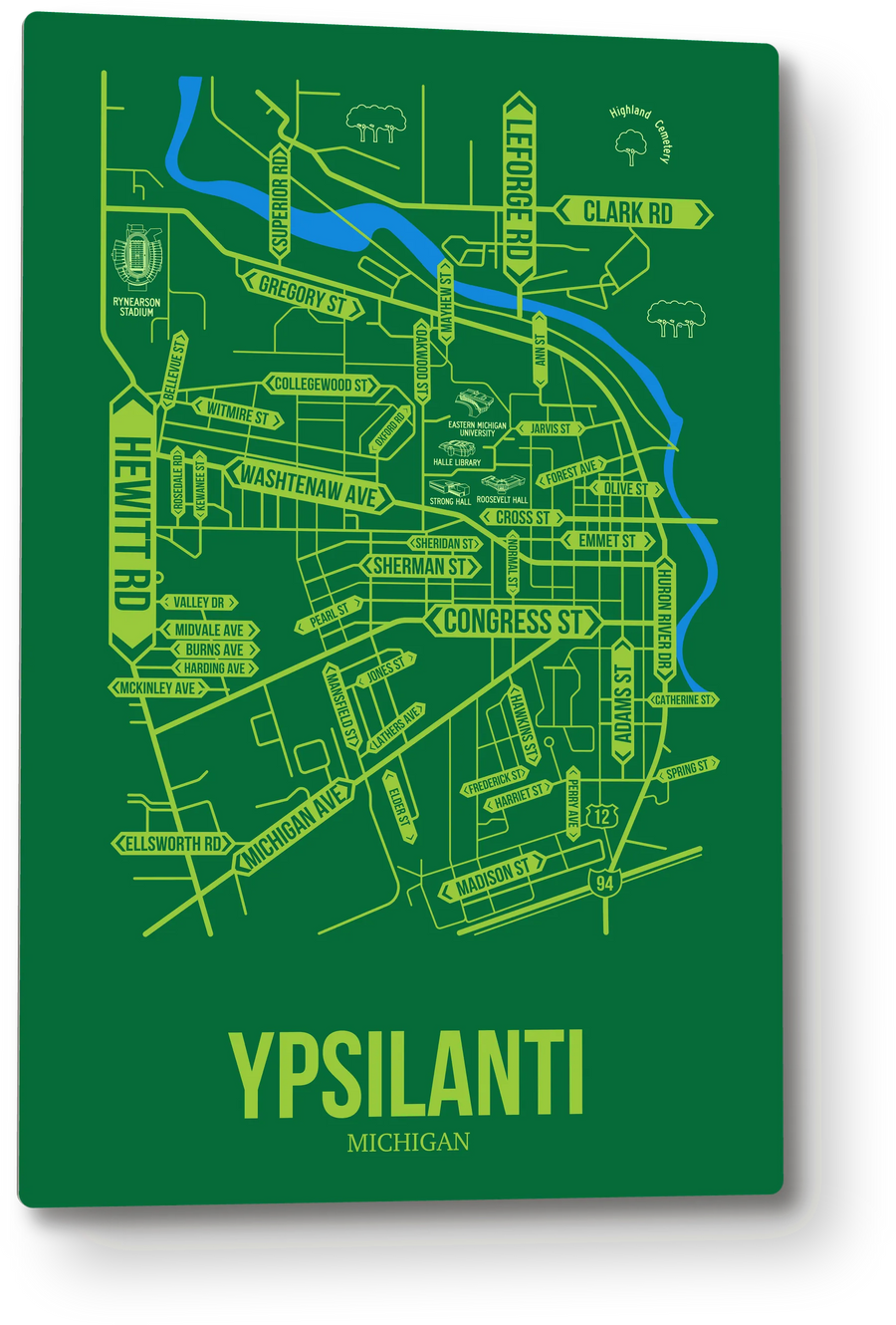 Ypsilanti, Michigan street map: the 12x18 metal plate on the wall, school colors